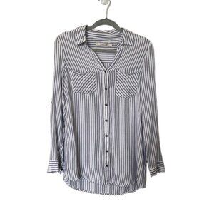 Twik Long Sleeve Button Down Blouse, Small, Blue striped